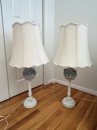 Iron Candlestick Lamps With Porcelain Floral Baskets, With Dolphin Footed Base On Stand, Ca. 1965