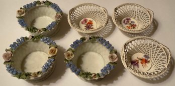6 Porcelain Petite Fret Work Baskets & Rosette Bowls.