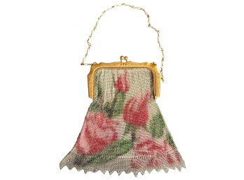 Early 1900's Whiting & Davis Tulip Enamel Painted Mesh Evening Bag5.5' X 5' With 6' Strap Drop