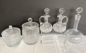 Great Glass Lot- 2 Matching ABP Cruets W/Hobstar Motif, 1 Cordial Decanter, 1 Biscuit Jar, 1 Candy Dish
