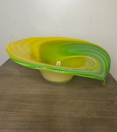 Green And Yellow Blown Glass Drip Lip Bowl