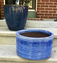 Pair Of Blue Toned Glazed Terracotta Planter Pots