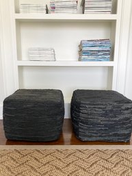 PAIR Woven Cloth Square Ottomans In Charcoal