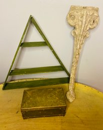 Brass Box, Triangle Shelf And Single Cast Iron Leg