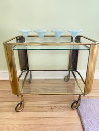 Vintage & Beautiful 1920s Art Moderne Brass & Glass Bar Cart On Casters