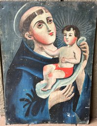 Antique South American 19th Century St. Anthony & Child Jeses Retablo 14' X 10'