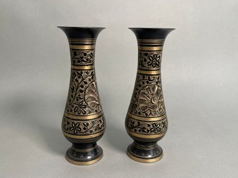 Two Beautiful Black & Gilded Metal Vases