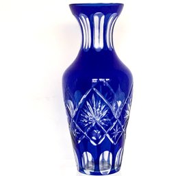 Cobalt Blue Cut To Clear Crystal Cut Glass Vase