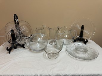 Group Of Ten Miscellaneous Clear Glass Serving Pieces