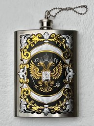 UNUSUAL 8 Oz. STAINLESS STEEL FLASK: Russian Coat Of Arms, Eastern European, For Brandy, Whiskey, Liquor