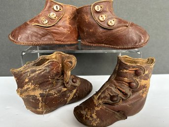 Victorian 2 Pairs Baby/Infant Leather Shoes With Buttons - Both Pairs Have Markings Inside