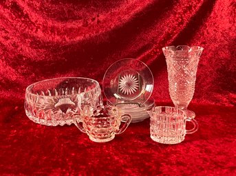 Cut Glass Collection, Bowl, 6 Small Plates, Flower Vase, Sugar And Creamer