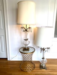 Pair Tall Vintage Glass And Brass Table Lamps