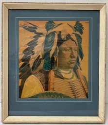 Vintage Framed Native American Indian Chief Print From Magazine November Pair Blue Birds On Headdress