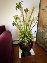 Silk Floral Arrangement In Large Plaster Pot, Bronzed Color,