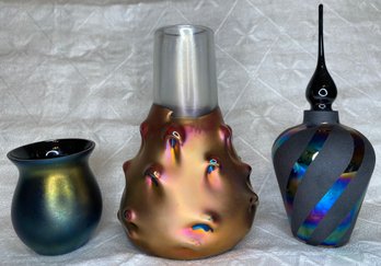 Vintage Dark Iridescent Art Glass Lot: Perfume Bottle, Small Vase, Marigold & Clear Bumpy Vase