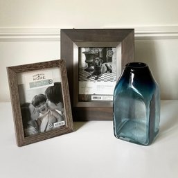 2-5x7 Frames And Stunning Blue Glass Vase (possibly Handblown)