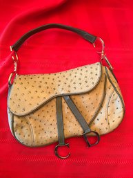 Authenticated Christian Dior Double Saddle Olive Ostrich Leather Handbag