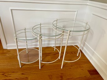 Set Of Three Round Metal Nesting Tables With Off White Paint & Glass Tops