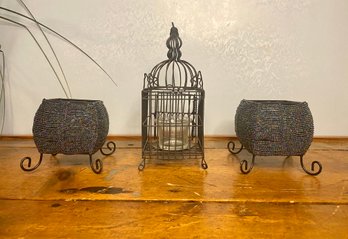 Gothic Metal Cage And Beaded Candle Holders