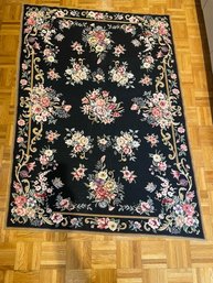 Vintage Chinese Needlepoint  Rug Floral Panel European Black Multicolor