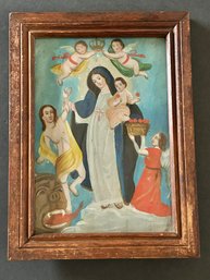 Late 19th Century - Early 20th Century Mexican Retablo Framed ' Our Lady Of Light' Madre De La Luz 12' X 9'