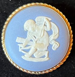 Vintage Jasperware Wedgwood Brooch - Angel Cupid Cherub - Blue White - Round Gold Tone - S-67 - England