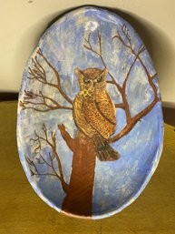 Painted Owl Glazed Pottery Dish