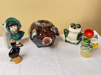 Whimsical Kitchen Lot, Ceramic, Pie Bird, Piggy Bank, String Holder Frog, Flower Measure Spoons, Royal Coplay