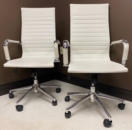 Contemporary Modern Retro Designer Style - Chrome & White Pleather - Swivel Office Dining Chairs