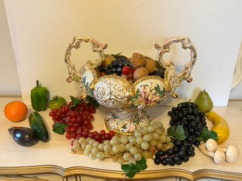 Porcelain Unmarked Capodimonte, Center Bowl, With Soft Plastic And Misc. Material Fruit, Nuts, And Berries