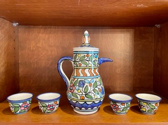 Colorful Ceramic Coffee Carafe & Four Petite Cups