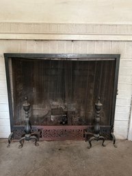 Pair Of Black Andirons & Fireplace Cover