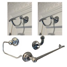 A Collection Of Polished Chrome Bathroom Hardware - Hooks, Toilet Paper Holder, Towel Rod