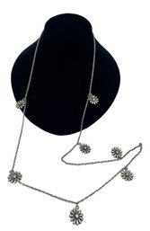 Silver Tone Long Daisy Necklace With Rhinestones