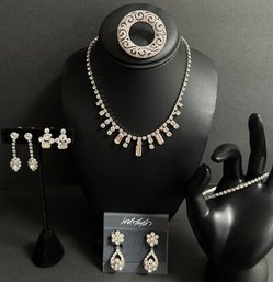 Rhinestone Costume Jewelry Lot  3 Pairs Earrings Bangle Bracelet, Vintage Pin/Brooch, 15' Necklace