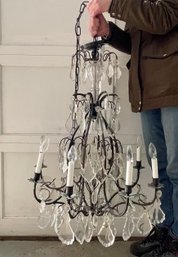 Large Vintage Iron Chandelier With Black Finish Frame, Glass Rosettes And Extra Large Crystal Pendants