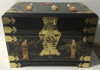 Stunning Asian Large Lacquered & Silk Jewelry Box.