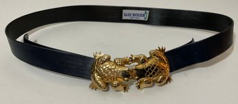 Gay Boyer, NY. Navy Blue Leather Belt, Double Frog Buckle
