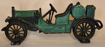 Vintage Cast Iron Doorstop - Early Antique Car - Green & Black - 13 X 6 H