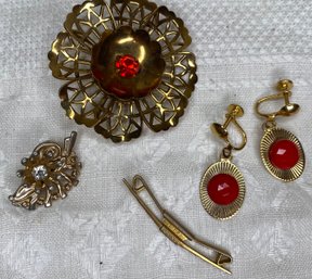 Vintage Jewelry Lot - Coro Brooch - Barolo Scatter Pin - Plastic & Gold Tone Screw Back Earrings - Collar Bar