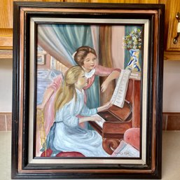 Painting On Canvas In Frame: Woman And Girl At Piano