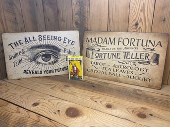 2 Tin Fortune Teller Signs And Deck Of Tarot Cards