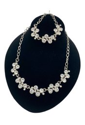 Heavy Silver Tone Necklace & Bracelet Set With Glass Rhinestones