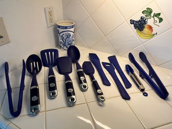 Spode Round Container And Spode Blue Utensils