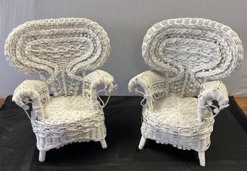 A PAIR OF ANTIQUE VICTORIAN  WHITE WICKER WING DOLL CHAIRS