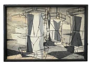 Signed 1960 MCM Cubist Painting Ca (T-2)