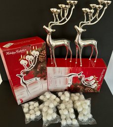 Pair Of Godinger 12' Silver Plated Reinder Candle Holders And 7 Bags Of Small Round Ball Candles For Reindeer