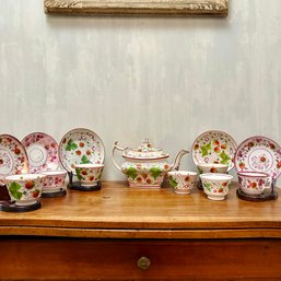 Antique Sheffield Strawberry Lusterware Teacups, Saucers And Teapot