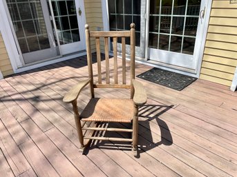 Vintage Weathered Rocking Chair With Woven Seat